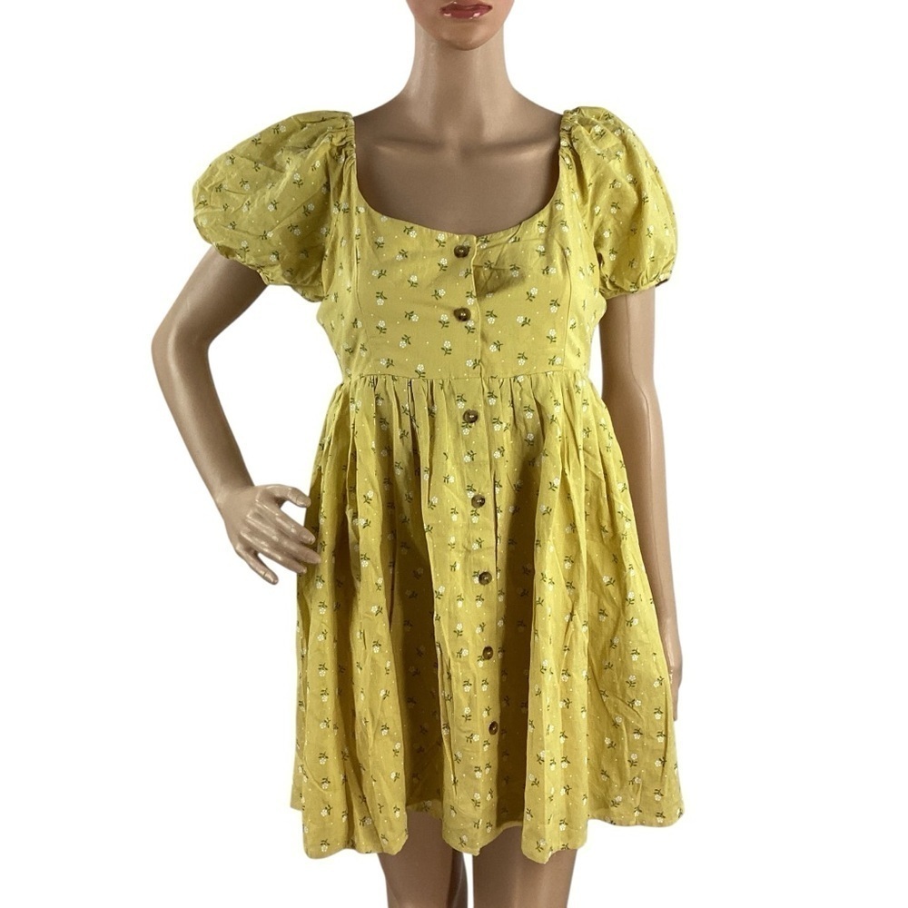 Line & Dot Hailee Puff Sleeve Mini Dress Yellow Floral Print Size S
